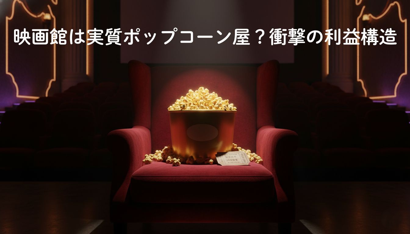 映画館の赤い座席に置かれた山盛りのポップコーンと小さな映画チケットの対比イメージ