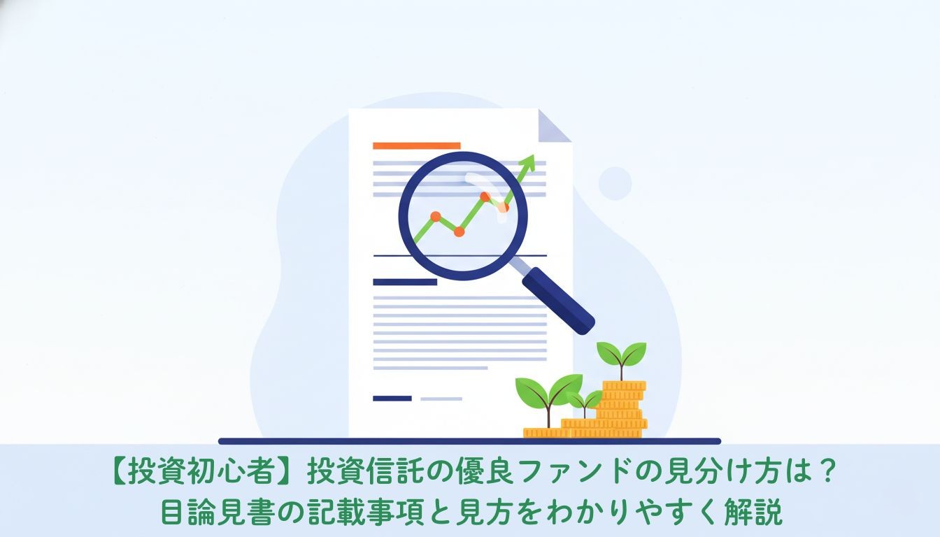 虫眼鏡で投資信託の目論見書のグラフを確認し優良ファンドを見分けるイメージイラスト