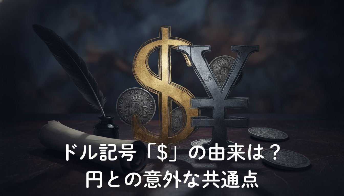 スペインの古い銀貨や羊皮紙を背景に、ドル記号と円記号が並ぶ歴史ミステリー風のイメージイラスト
