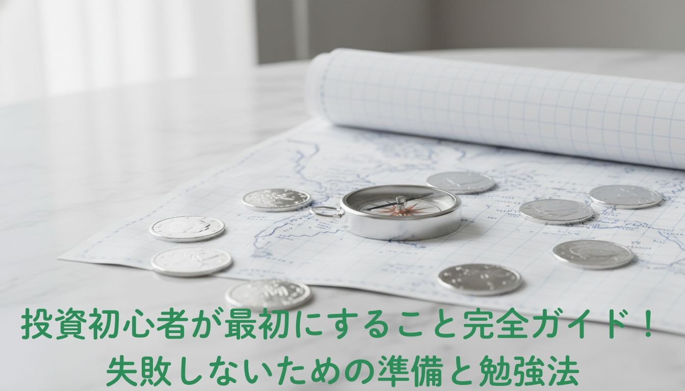 投資初心者が最初にすべき「準備」と進むべき「方向性」を示すコンパスとコインのアイキャッチ画像