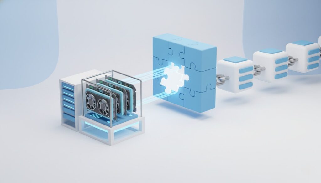 マイニング（採掘）の作業イメージ。膨大な計算コストをかけることで不正を防ぎ、ブロックチェーンの安全性を守るProof of Workの様子。