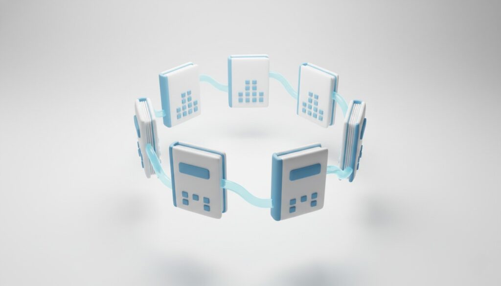 ブロックチェーンの仕組みのイメージ図。ネットワーク上の参加者が同じ通帳（台帳）を共有し、相互に監視し合う分散型台帳技術の構造。