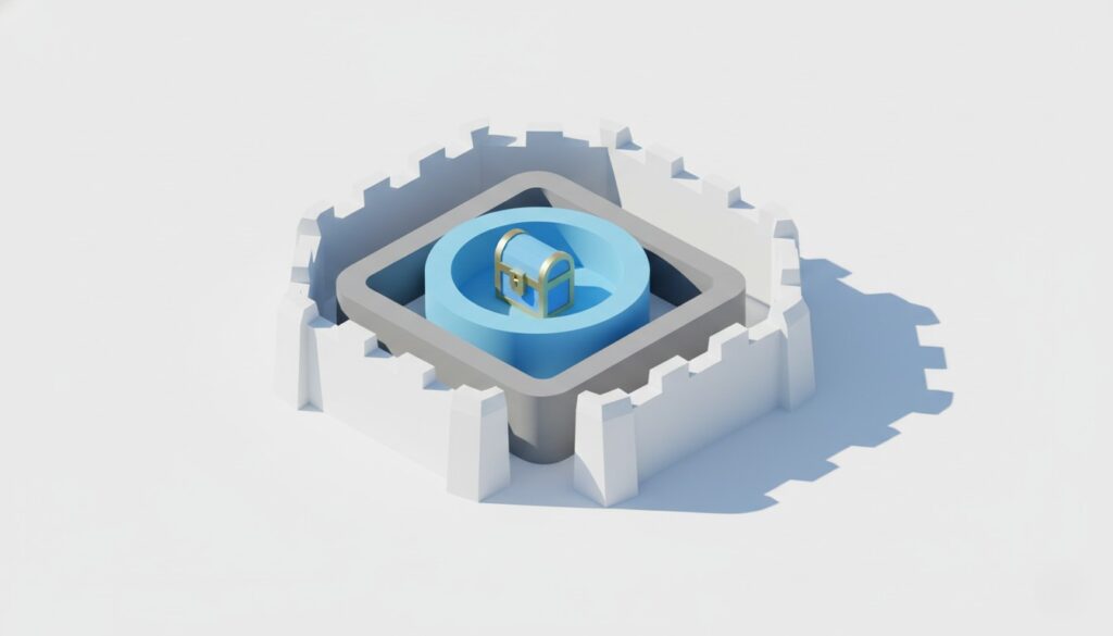 3つの壁で宝箱を守る砦のミニチュア図。初心者向けの賢いリスク対策イメージ。