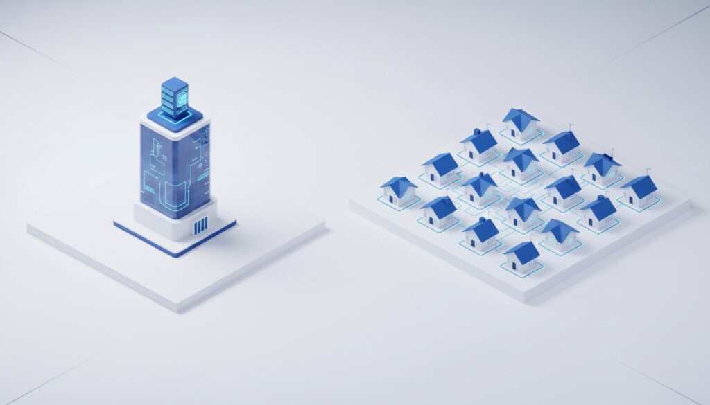 サーバー管理型と分散型の概念図。単一障害点がないためシステムダウンに強いブロックチェーンのメリットを表すイメージ。