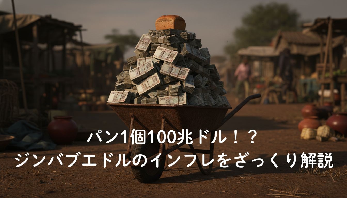 大量のジンバブエドル紙幣の束が山積みされた手押し車と、その上にポツンと置かれたパン1個の画像。パンを買うために膨大なお金が必要だった、ジンバブエのハイパーインフレを象徴する様子。