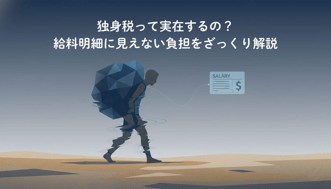 給料明細から伸びる見えない鎖と、重荷を背負う単身者のイラスト。独身税という見えない負担を象徴。