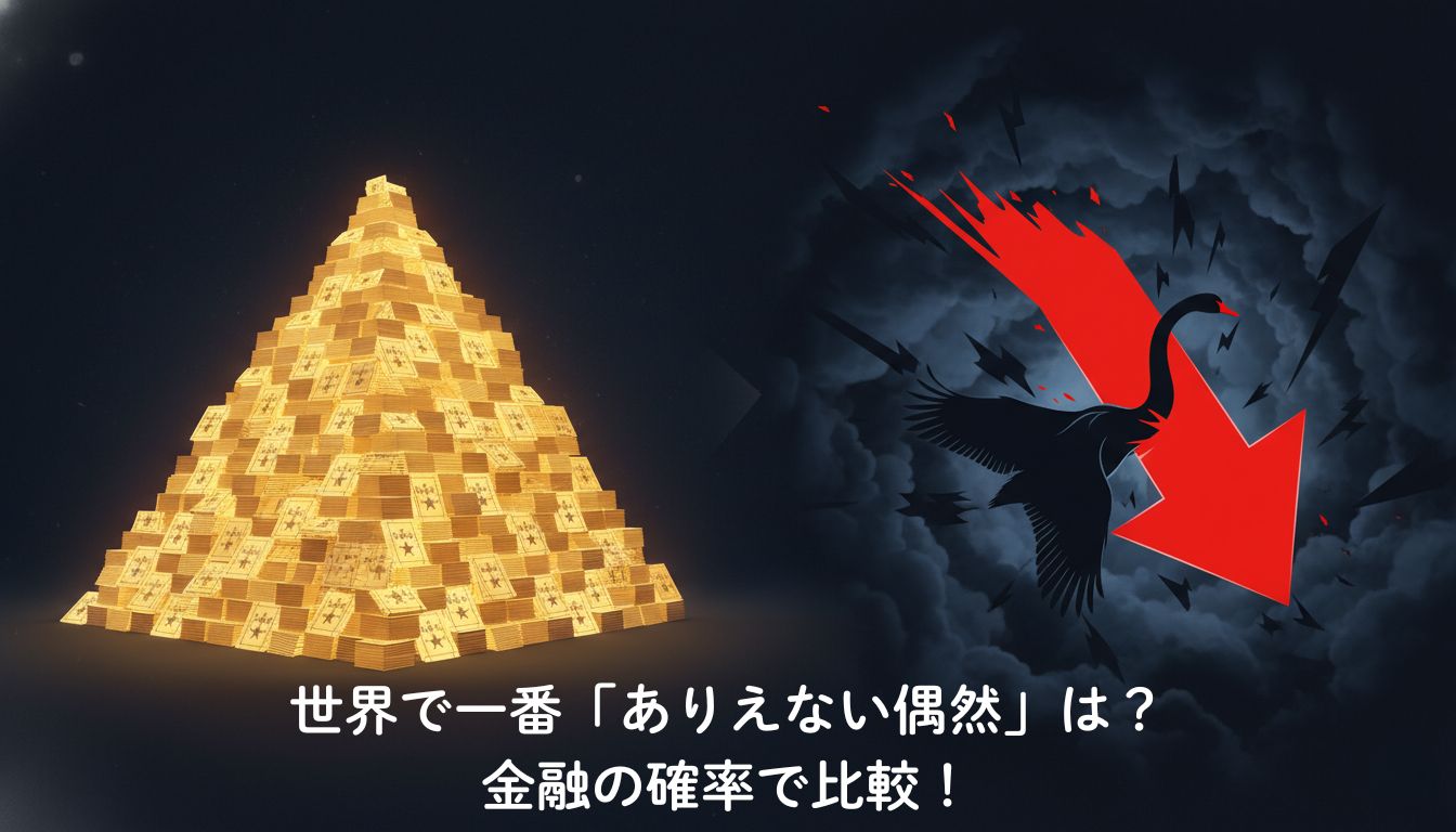山積みになった宝くじの当選券の山と、金融市場の暴落を示す赤い急降下グラフと黒い白鳥のシルエットを対比させた、ありえない確率の偶然を示すコンセプトイラスト。