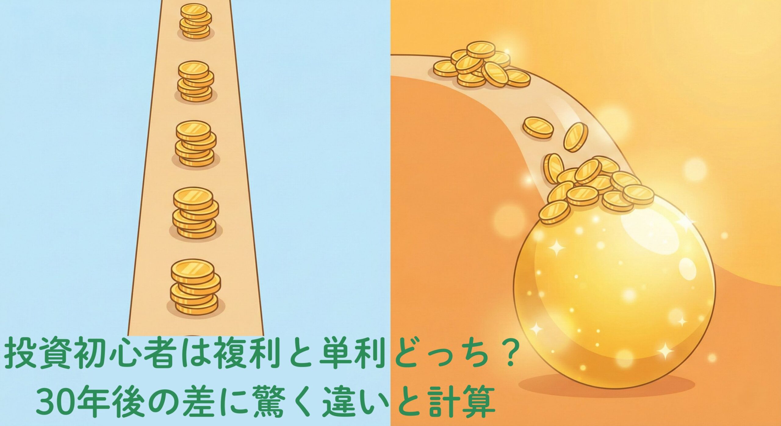 投資初心者向けに複利と単利の資産の増え方の違いを比較したイラスト。左側は単利で直線的に同じ大きさのまま増えるコインの山、右側は複利で時間とともに雪だるま式に巨大化していくコインの球体を描写。