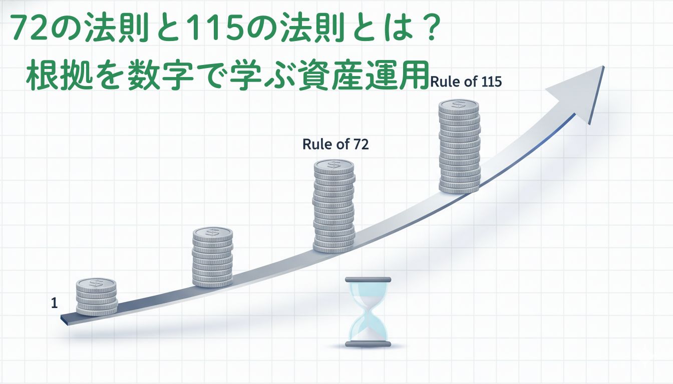 72の法則と115の法則で資産が2倍3倍に増える複利効果と時間の経過を示すイメージ図