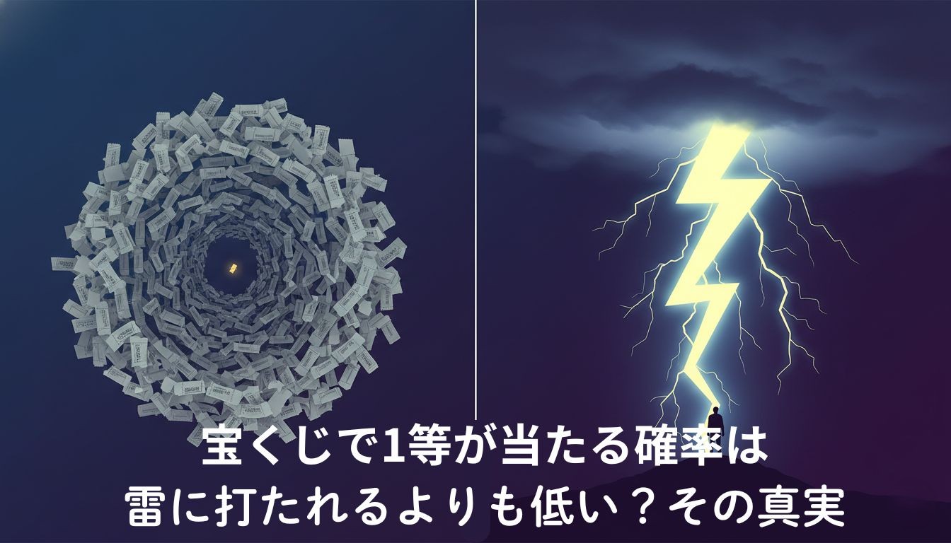 宝くじの1等が当たる確率の低さと、雷に打たれる確率の比較を表した概念図。大量のハズレ券と小さな当たりくじ、そして激しい落雷のイラスト。
