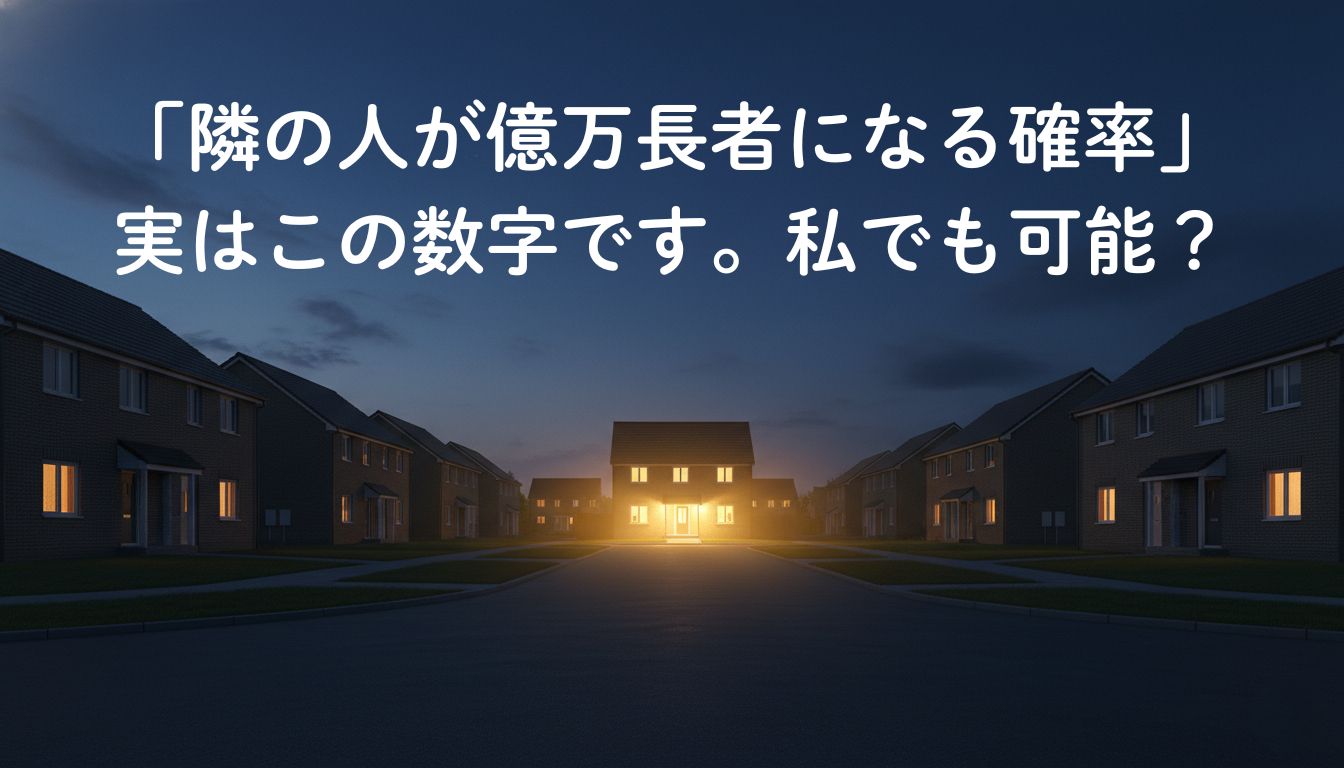 夕暮れの普通の住宅街で、一軒の家だけが内側から黄金色の光を放っている様子。「隣の人が億万長者になる確率」についてのコラム記事アイキャッチ画像。