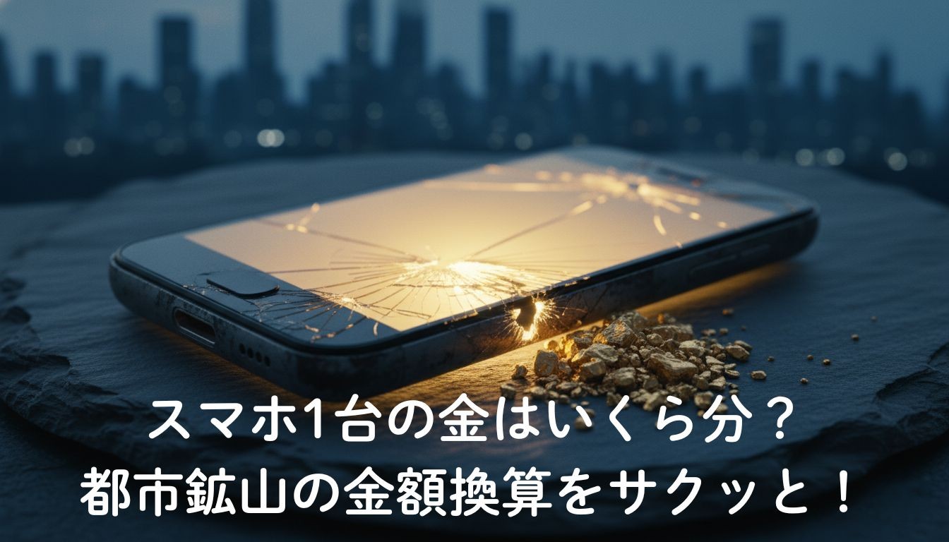 内部から金色の光と小さな金の塊が溢れ出している、古びたスマートフォンのイメージ画像。都市鉱山に含まれる希少金属資源を象徴しています。