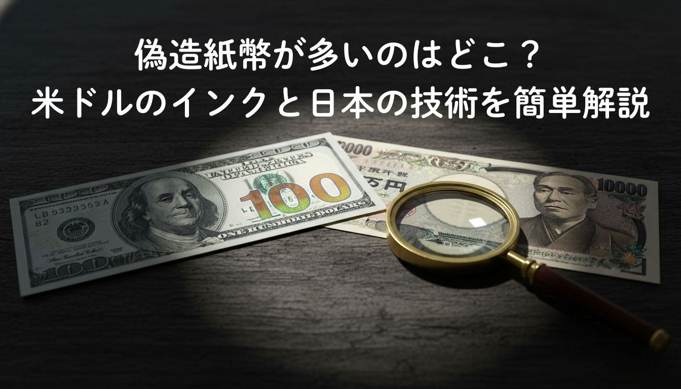 米ドル紙幣の偽造防止インクが変色する様子と、日本新紙幣の3Dホログラムが並んでいる様子を接写したイメージ画像