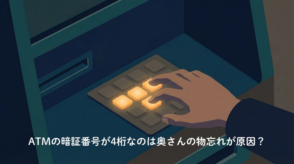 レトロなATMのキーパッドで4つのボタンだけが光っており、人間の記憶容量の限界と4桁の暗証番号の起源を象徴しているイラスト。