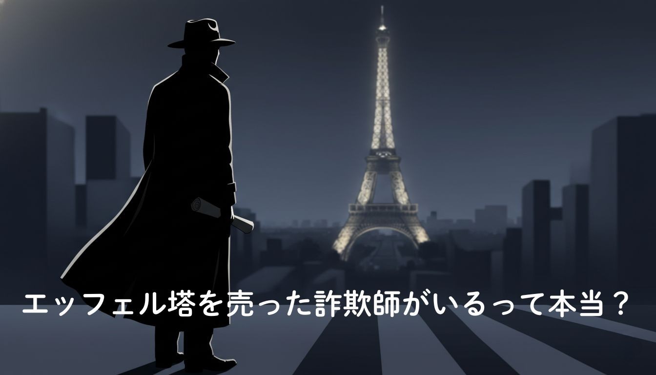 1920年代のパリでエッフェル塔を見上げる詐欺師のシルエット。屑鉄として売却された実話詐欺事件のイメージ