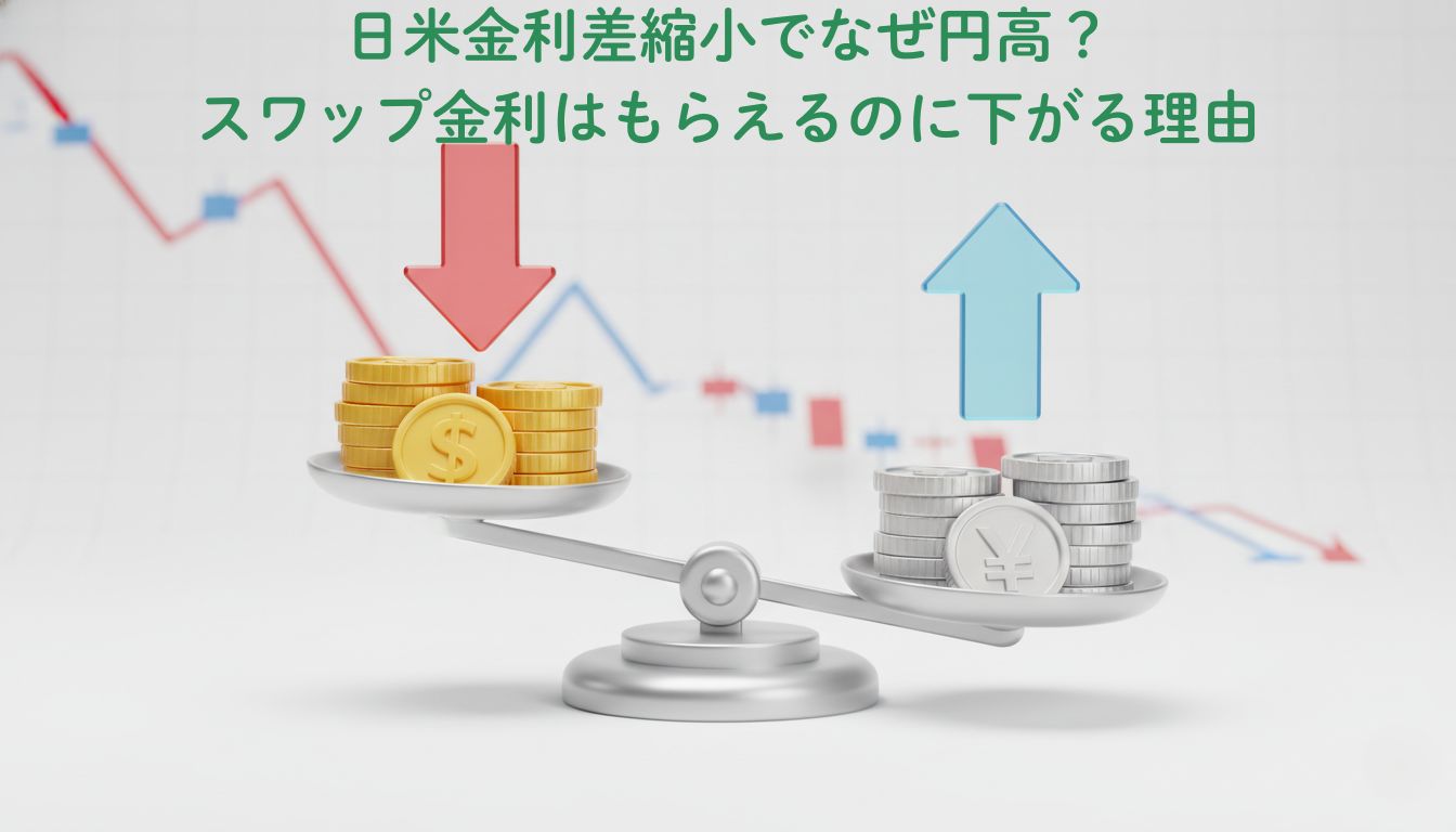 日米金利差縮小によりドルの価値が下がり円高が進む様子を示す天秤と為替チャートのイラスト。スワップ金利と為替変動のバランスイメージ。
