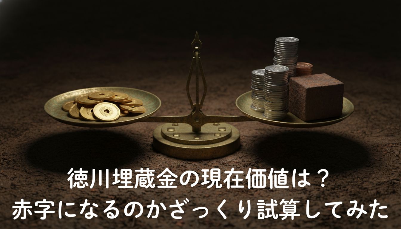 徳川埋蔵金の小判と現代の発掘コストを比較する天秤のイメージ画像