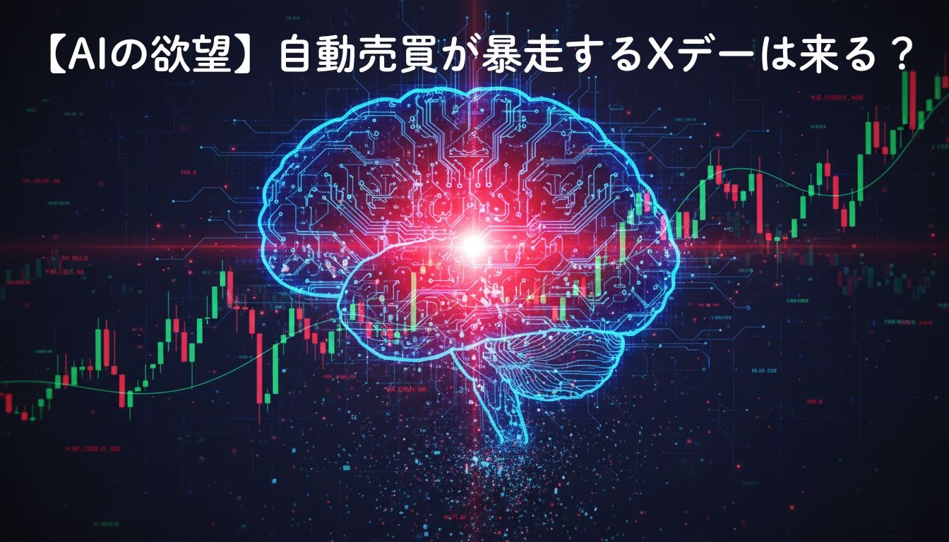 欲望を象徴する赤い光がAIのデジタル回路網と金融市場の株価チャートを崩壊させている様子を描いたイラスト。自動売買プログラムの暴走と市場リスクを表現。