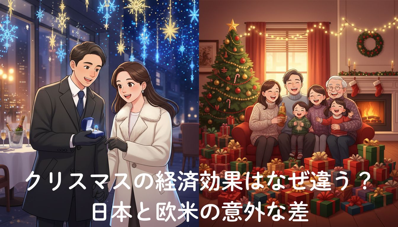 左側に日本のカップルが街で過ごすロマンチックなクリスマス、右側に欧米の家族が家で団らんするアットホームなクリスマスを対比して描いたイラスト。文化の違いによるクリスマスの経済効果の差を象徴している。