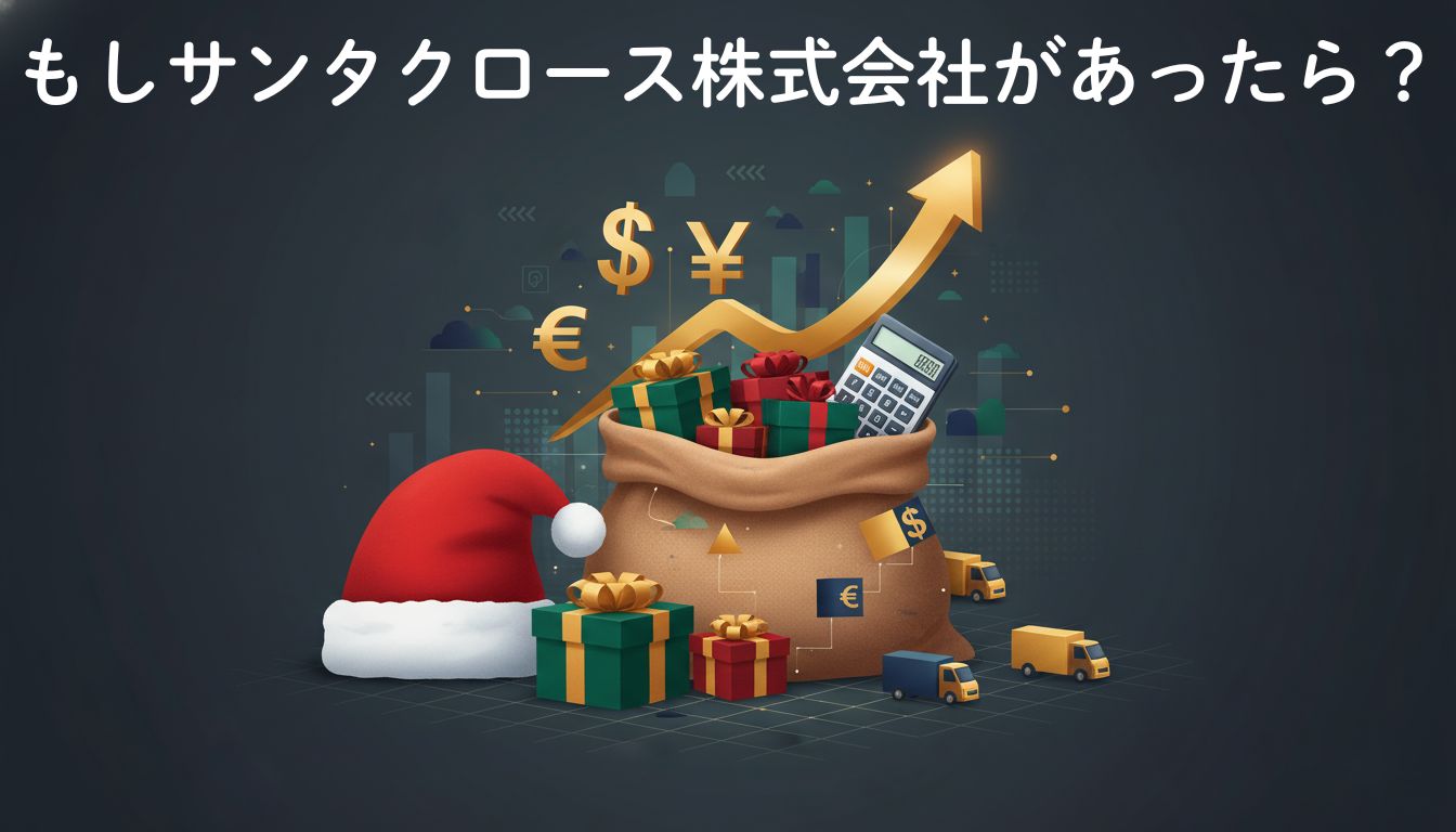 サンタクロースの帽子、プレゼント袋、上昇する株価グラフ、電卓、物流トラックを組み合わせたイラスト。サンタクロース株式会社の時価総額と配送コストを試算するビジネス経済コラムのアイキャッチ画像。