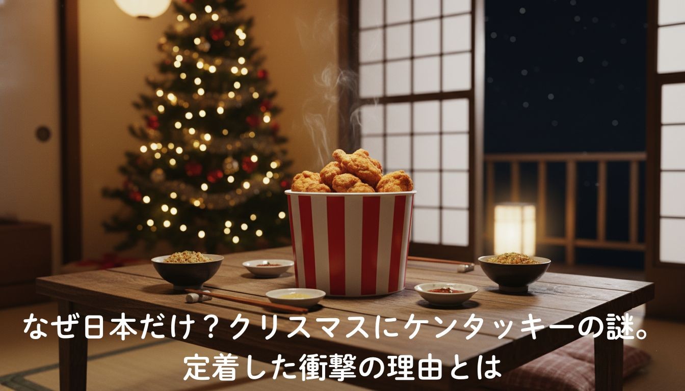 日本のクリスマス文化を象徴する、家庭の食卓に置かれたケンタッキーフライドチキンのバーレルとクリスマスの飾り付け。