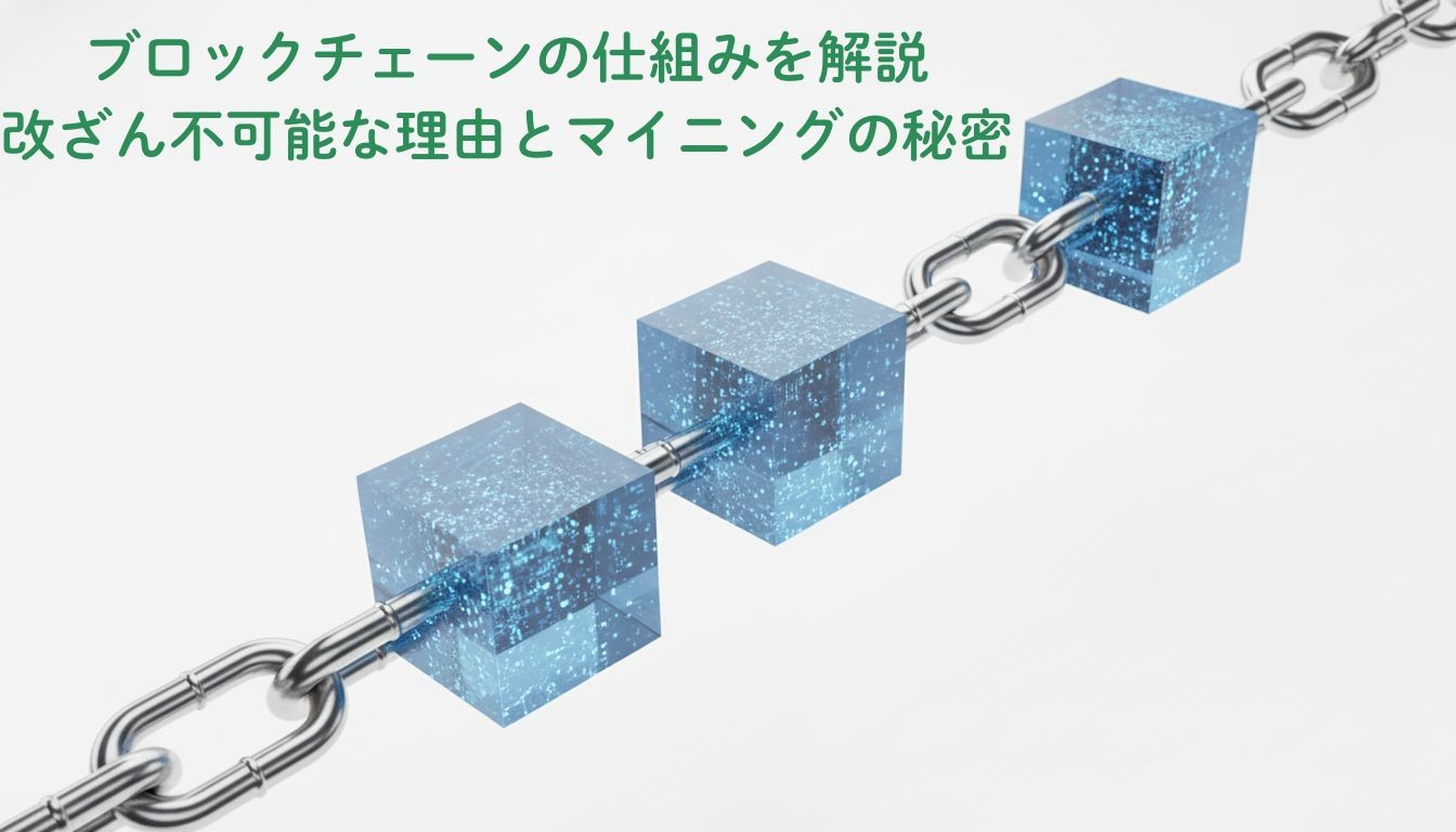 ブロックチェーンの仕組みを示す、デジタルなブロックが鎖で堅牢につながりネットワークを形成しているイメージイラスト
