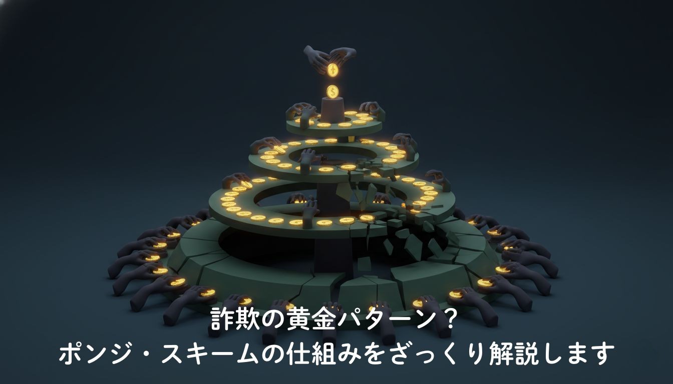 ポンジ・スキームの仕組みを示す概念イラスト。新規出資者のお金が既存への配当に回され、土台が崩れかけている様子。