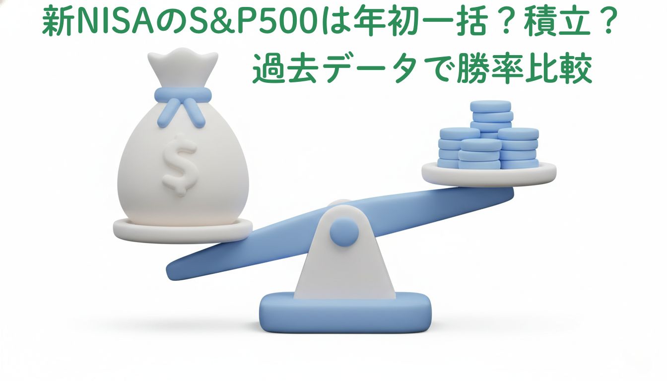 新NISAでS&P500に投資する際の、年初一括投資と毎月積立投資の選択肢を示す分岐点のイラスト