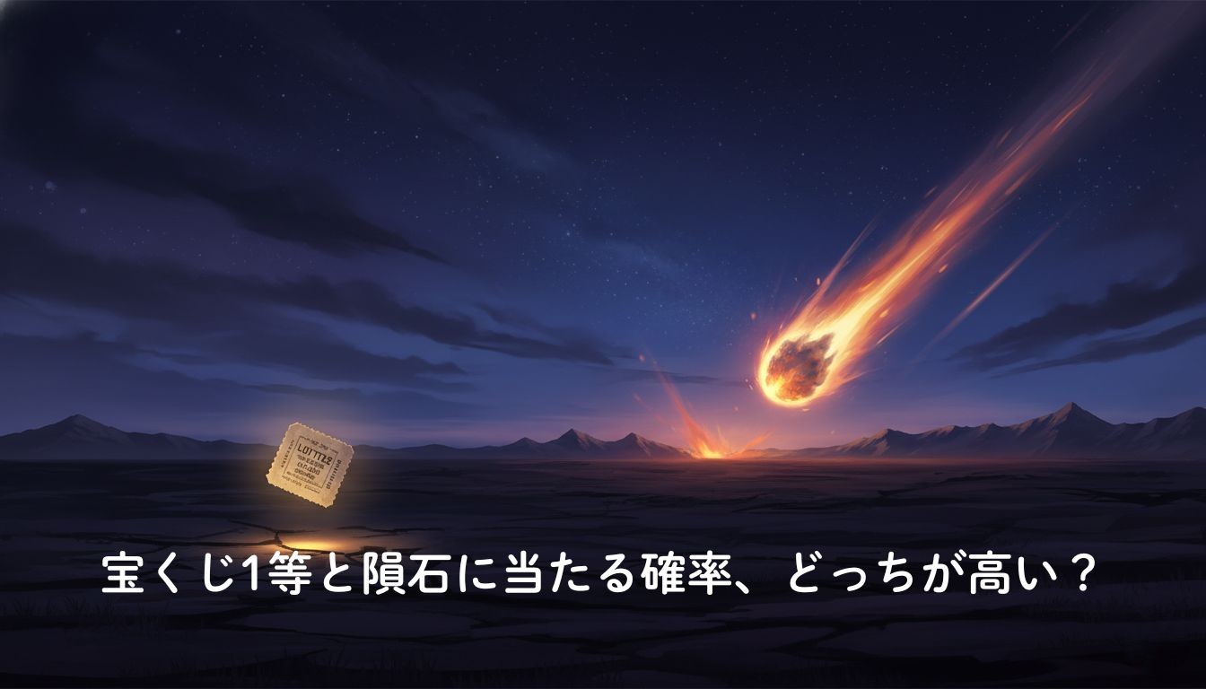 暗い空の下、宙に浮く小さな宝くじ券と、遠景で落下する巨大な隕石を対比させたイラスト。宝くじ1等の当選確率と隕石に当たる確率の違いを視覚的に表現した記事のアイキャッチ画像。