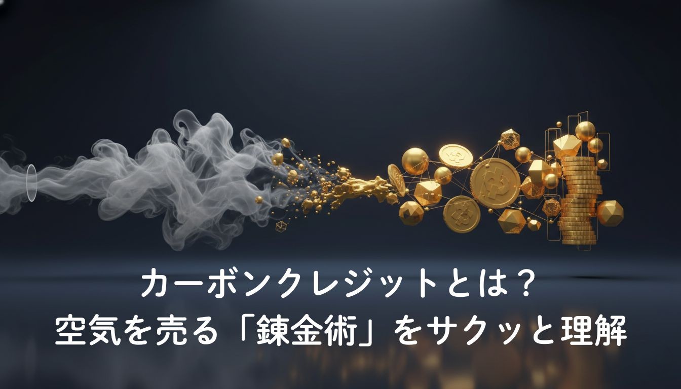 カーボンクレジット（排出権取引）のイメージ図。CO2（煙）が金貨に変わる様子を描いた、空気を売って利益を得るビジネスモデルの仕組みを表すイラスト。