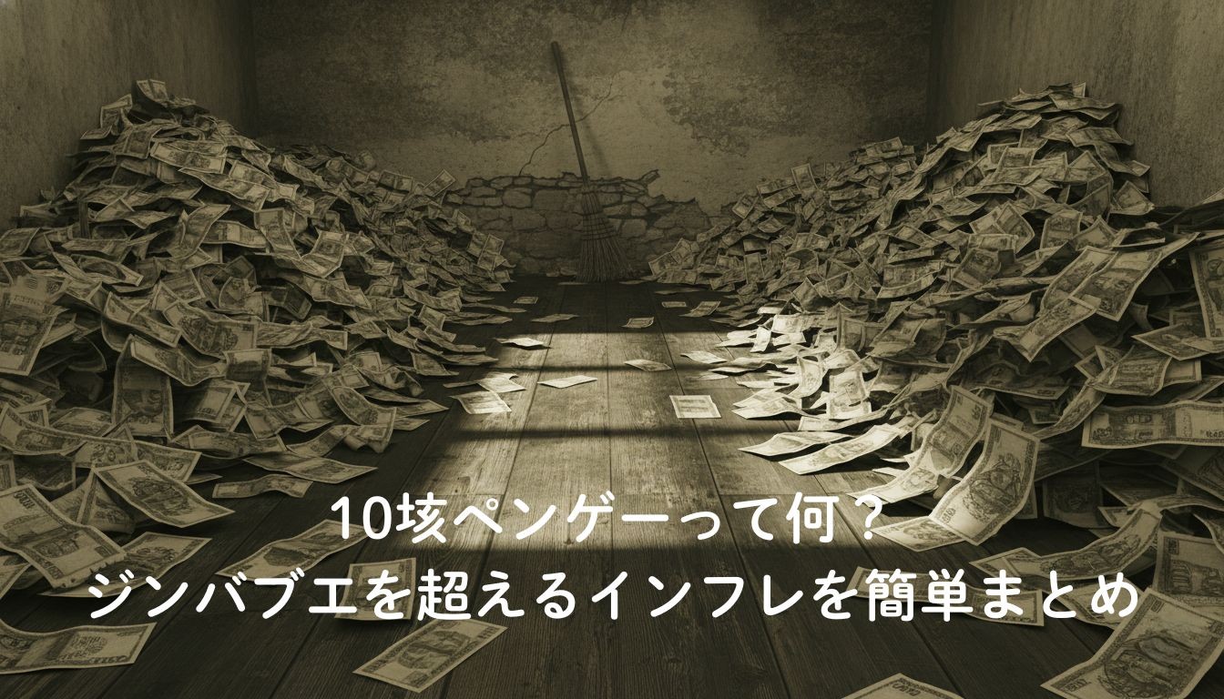 ハンガリーのハイパーインフレで紙くず同然となった大量のペンゲー紙幣と10垓の天文学的数字をイメージしたイラスト