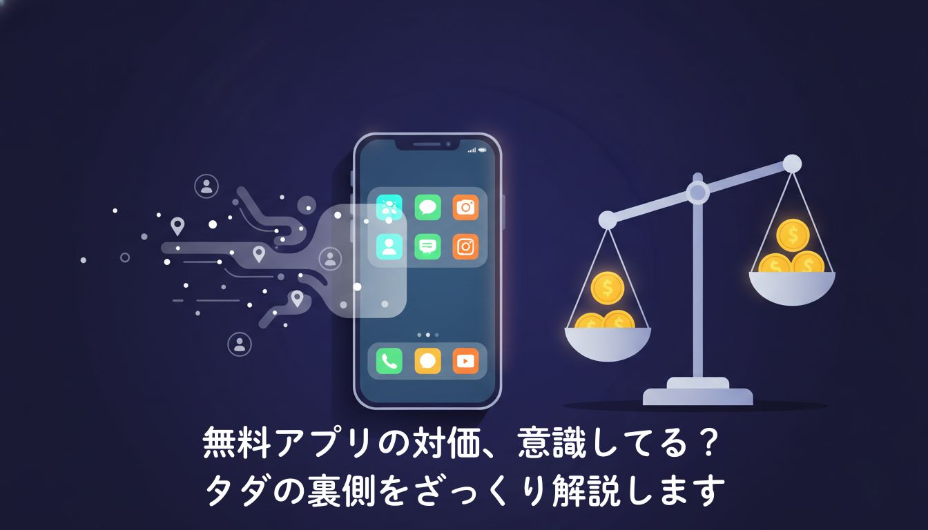 無料アプリが表示されたスマートフォンの裏側から、位置情報などの個人データが流れ出し、金銭的な対価と交換されている様子を描いたアイキャッチイラスト。