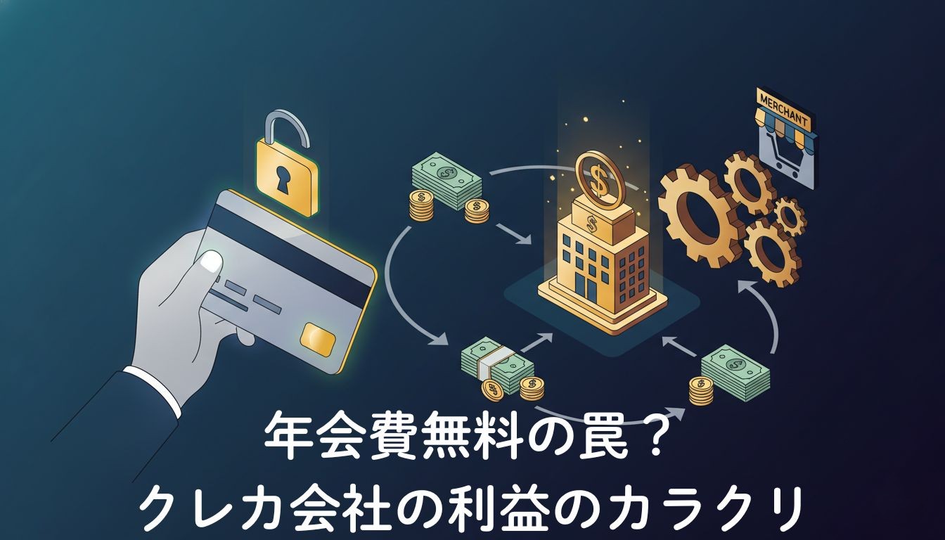 クレジットカード会社が年会費無料で利益を出す仕組みを示す図解イラスト。利用者のカード利用の裏側で、加盟店手数料やお金の流れが歯車や矢印で表現されている。