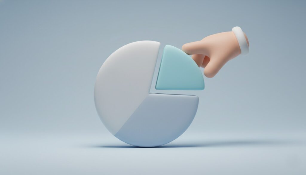 円グラフのピースを調整している3Dイラスト。ポートフォリオ管理とリバランスのイメージ。