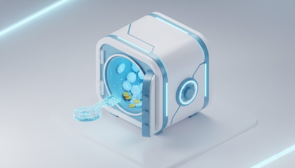 暗号資産の保管イメージ。自分の資産を自分自身で管理する「自己主権型」のウォレットとセキュリティの概念図。