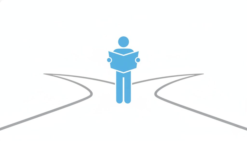 地図を持って進路を選択しようとする人物のフラットイラスト