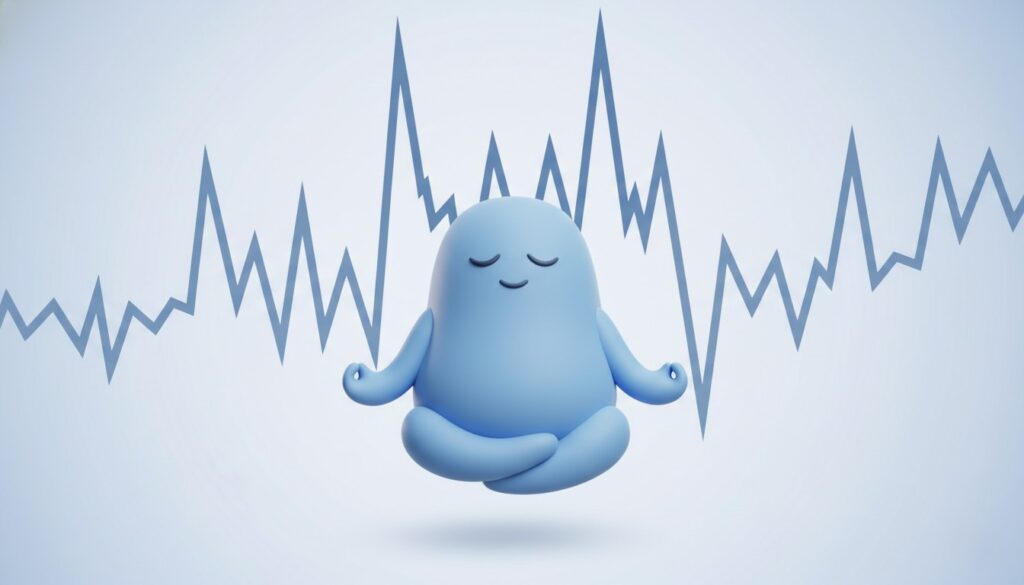 株価の乱高下を気にせず、瞑想をして心を落ち着かせている投資家の3Dイメージ
