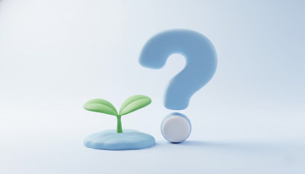 芽生えたばかりの若葉と疑問符の3Dイラスト。投資初期段階やリバランス不要説のイメージ。