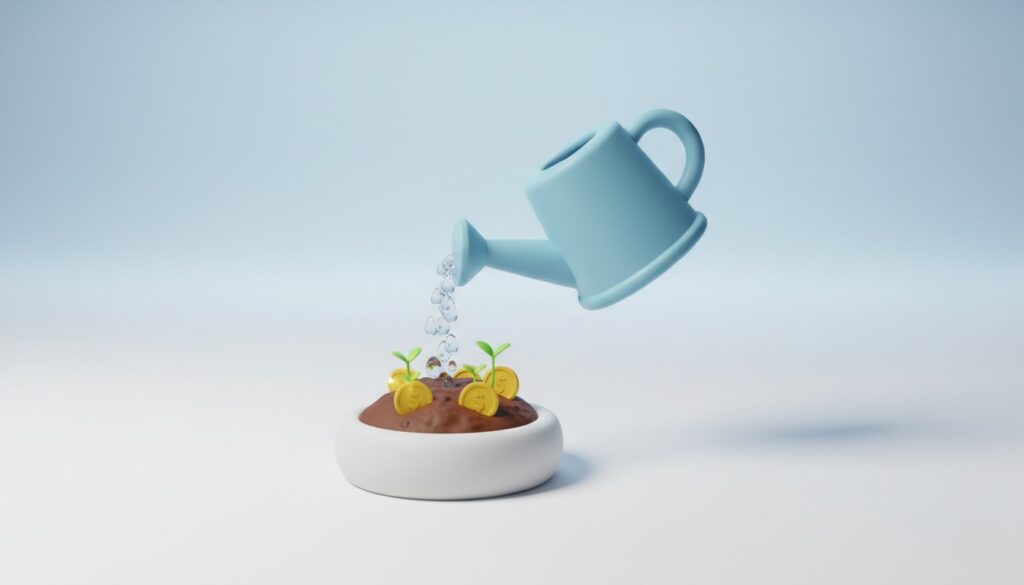 コインに水をやるジョウロのイラスト。単元未満株を「資産の種」として育てる具体的な投資戦略。
