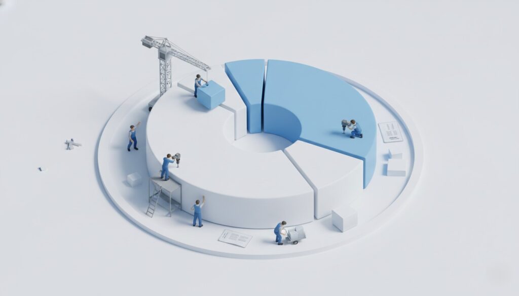 円グラフを組み立てて調整している作業員のアイソメトリックイラスト。具体的なリバランス作業。