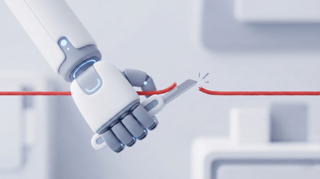 感情を挟まずに機械的に損切りを実行するロボットアームのイメージ