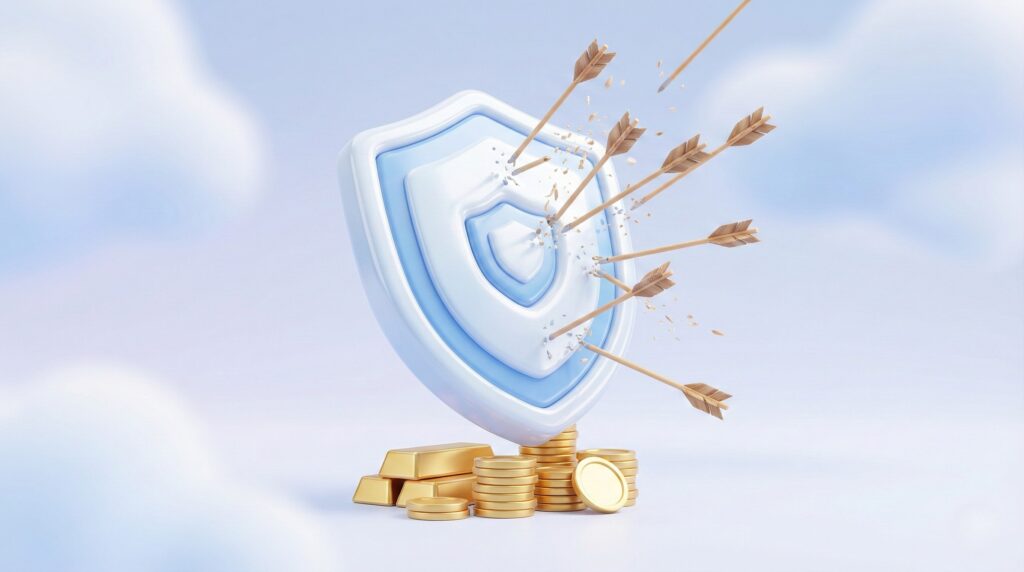 資産減少のリスクから守る盾と投資の鉄則を表す3Dイメージ