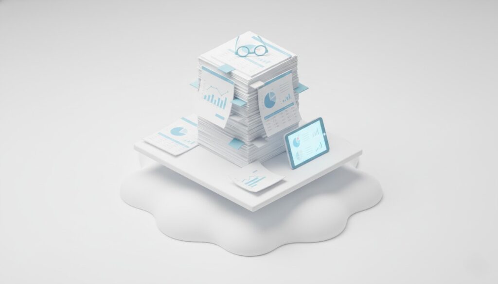 過去のデータ検証や分析を行うデスク周りのアイソメトリックイラスト