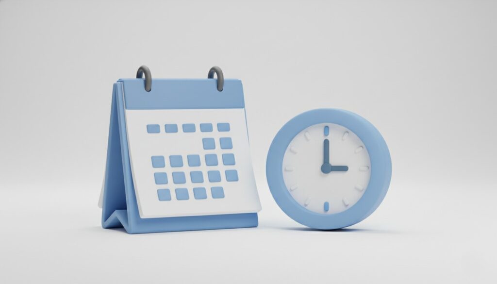 カレンダーと時計の3Dイラスト。リバランスを行うタイミングやスケジュールのイメージ。