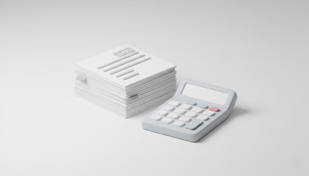 整頓された書類と電卓の3Dイラスト。単元未満株の確定申告や特定口座の仕組み、税金の扱い。
