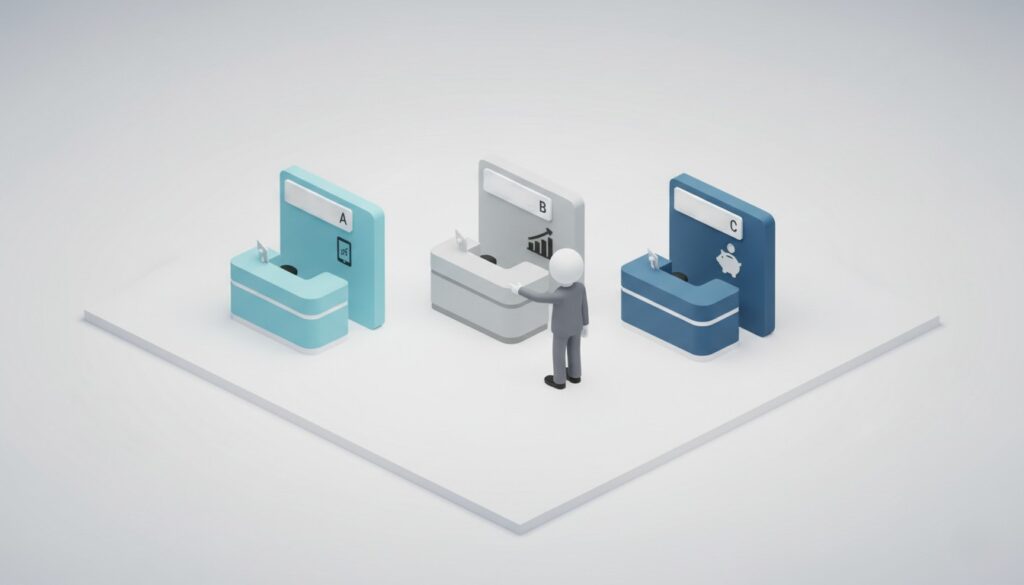 複数の窓口から最適な一つを選ぶ様子。証券会社ごとの手数料やサービス比較のイメージ。
