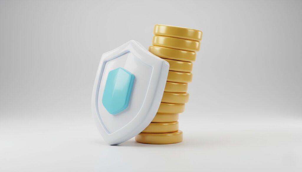 積み上げられたコインを守る盾の3Dイラスト。投資のリスク管理と資産保全のイメージ。