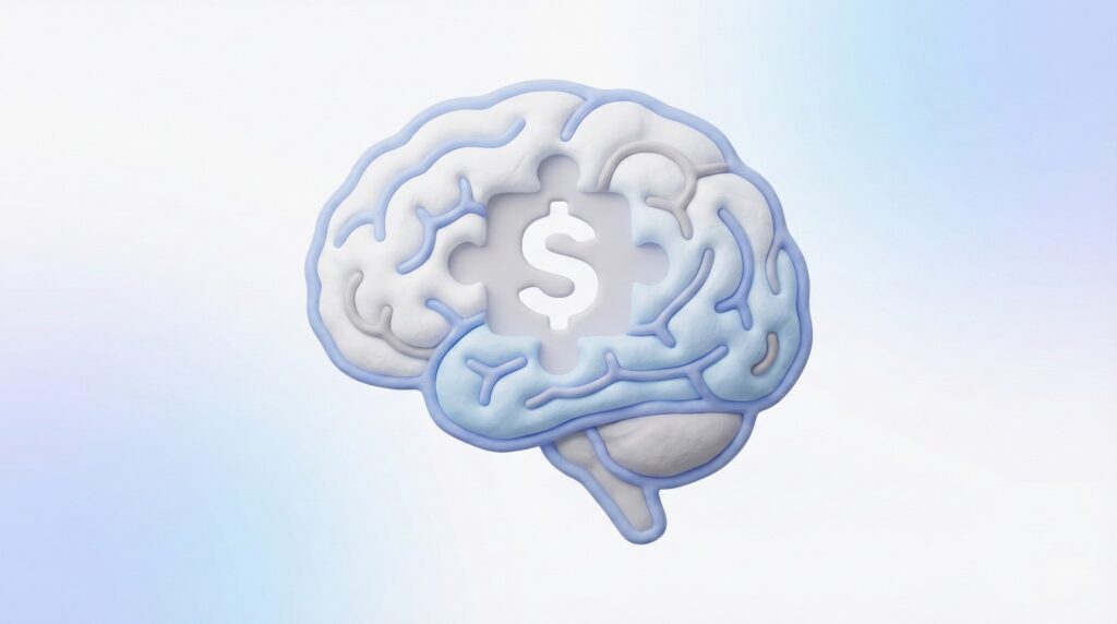 投資判断における脳の心理的メカニズムと欠落を表す3Dイラスト