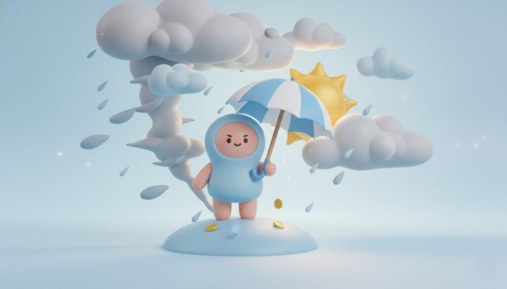 嵐の中で傘をさして市場に留まり続け、晴れ間を待つ投資家の3Dイメージ
