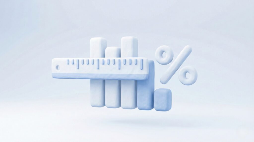 株価の下落幅を定規とパーセンテージで計測する3Dイラスト